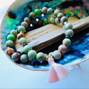 Green Imperial Jasper Crystal Bead Gold Bracelet Set Pink Tassel Boho Stack
